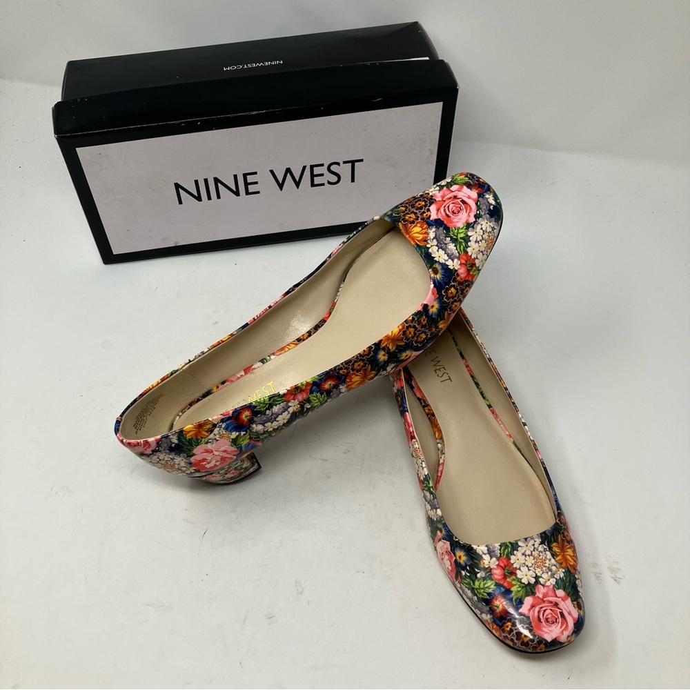 Nine West NWOLENCIA Floral Block 1.5" Heel Pumps Size 7.5M DKPNK Multi